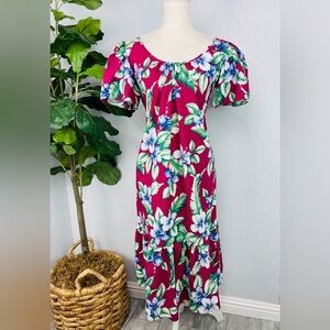 Jade Fashions Hawaiian Tropical Hibiscus Floral Fuchsia Midi MuuMuu Dress